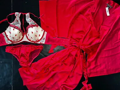 Victoria's Secret 34D34DD BRA SET+M Panty+ROBE Heart RED Beige Satin VALENTINE • $119.99