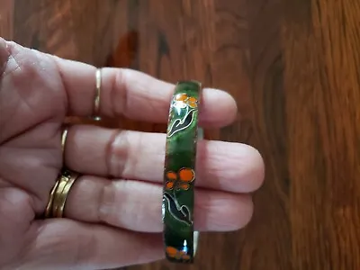 Vintage Cloisonne Bangle Bracelet Orange Flowers Green Enamel Floral Jewelry • $10.99