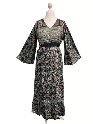 WRAP DRESS Pretty Vintage Bell Sleeve Sari Silk Boho Hippy Festival Party 14-20 • $49.77