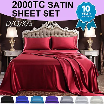 2000TC Bed Silk Satin Sheet Set Single/Double/Queen/King Flat Fitted Pillowcase • $10.79