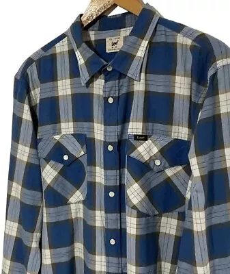 Lee Mens Long Sleeve Plaid Cowboy Shirt Size XL Blue/Brown/Beige Pearl Snaps • £18.99