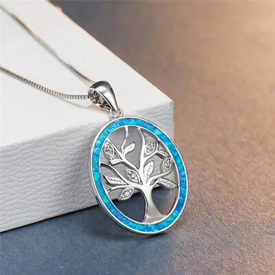 Women Silver Hollow Life Tree Pendant Blue Simulated Opal Necklace Bride Jewelry • $1.45