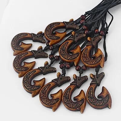 12pcs Ethnic Tribal Imitation Yak Bone Maori Fish Hook Pendant Necklace Surfer • $11.99