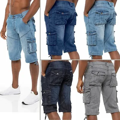 Kruze Mens Cargo Shorts Combat Denim Jean Shorts Summer Knee Length Half Pants • $23.63