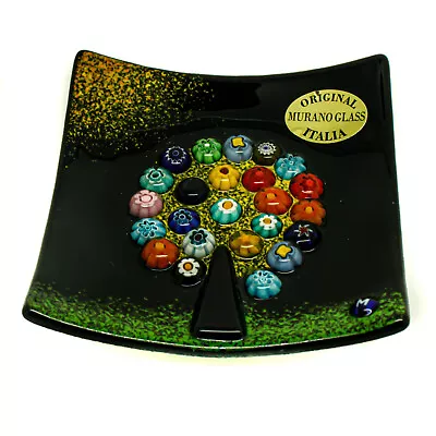 Murano Glass Plate Ring Tray Black Multi Coloured Square Millefiori Venice 9cm • $37.43