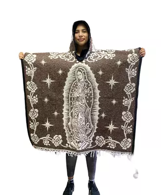 Mexican Poncho With Hood  Virgen De Guadalupe  Blanket  One Size  Brown • $45