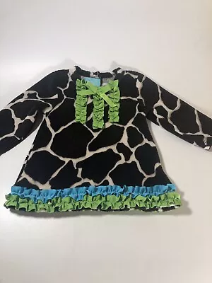 Boutique Mudpie 0-6 Giraffe Print Dress Size 0-6 Months Ruffle Accents Ribbon • $7.96