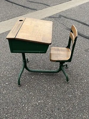 Vintage Child's School Desk Green Heavy Duty Wood Metal W/Adjustable Desk/chair • $118.79