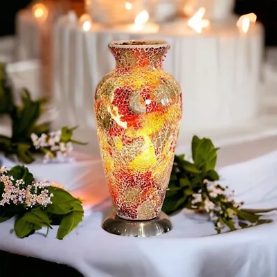 Mosaic Glass Vase Lamp Crackle Effect Red Lighting Home Living 79R • £49.99