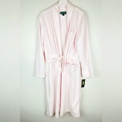 NWT Lauren Ralph Lauren Long Pink Fleece Robe Size L Monogram Pockets Satin Belt • $39.99