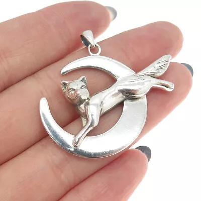 PETER STONE 925 Sterling Silver Vintage Crescent Moon & Cat Pendant • $74.95