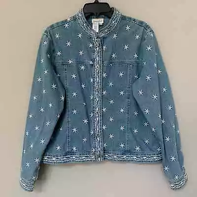 Coldwater Creek Denim Jacket Embroidered Stars Mandarin Collar Long Sleeve Large • $26