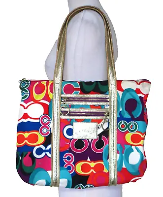 COACH POPPY POP Signature C GLAM Large Tote Multi-Color Carryall Bag Purse 13839 • $62
