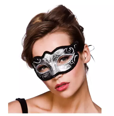 NEW Verona Black & Silver Masquerade Eye Mask Halloween Fancy Dress Accessories • £6.99