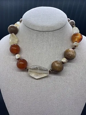 Kenneth Cole Necklace Amber Quartz Wood Beads Brushed Gold Tone 16” To 20” • $5