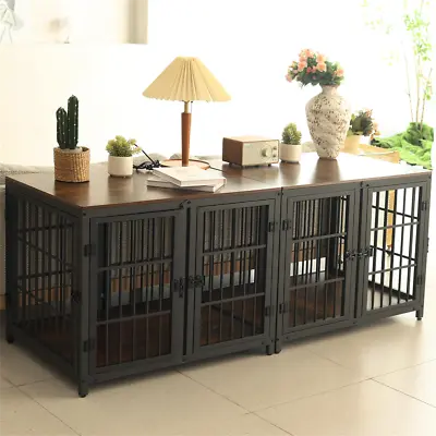 Dog Crate Furniture Wooden Crate Table Thickened Metal Tube Cage With 3/4 Doors • £125.93