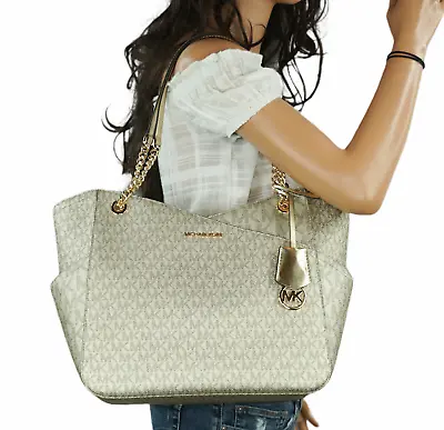 Michael Kors Jet Set Travel Large Chain Shoulder Tote Bag Mk Pale Gold • $114.80