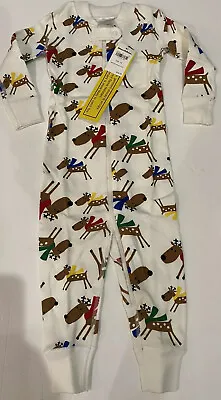 HANNA ANDERSSON Boy 12M-18M Baby White Reindeer Christmas Organic Zip Pajamas • $20.50