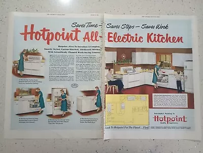 1950 Two Page Vintage Hotpoint Print Ad All Electric Kitchen Refrigerator 014507 • $13