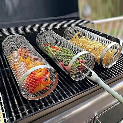 BBQ Basket Stainless Steel Rolling Grilling Smoking Basket Wire Mesh Cylinder • $18.99