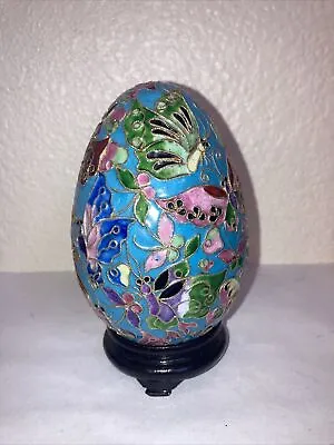 Vintage Chinese Cloisonne Decorative Egg Wood Base Floral Enamel Gold Multi 5  • $31.95