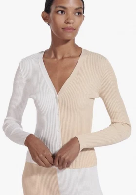 $119 • Buy Staud White Colorblock Button Front V-Neck Ribbed Cardigan Sweater S NWT $145