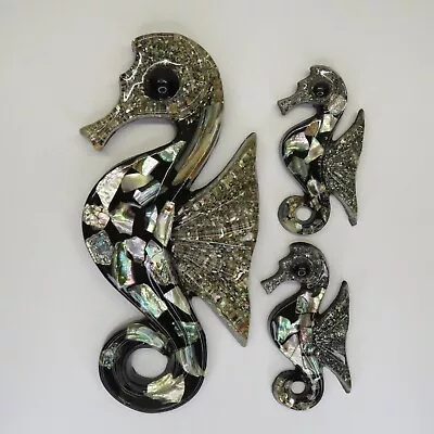 3 Vintage Seahorse Wall Plaques Abalone Shell In Lucite Resin Mid Century Decor • $54.29