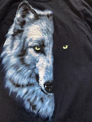 Vintage Half Glowing Half Dark Wolf Face Black Graphic T-Shirt Medium • $15