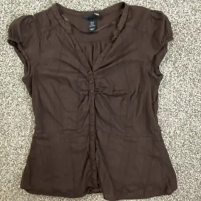 H&M Shirt Womens 10 Brown Cap Sleeve V-Neck Button Up 100% Cotton • $12.99