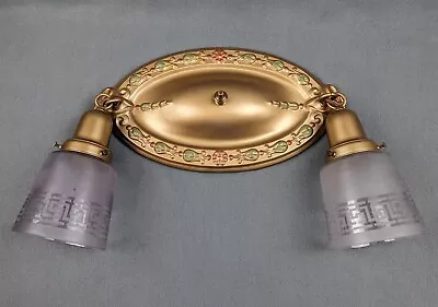 Antique Ceiling Light Fixture 1920's - 30's Restored Greek Key Glass Shades • $135