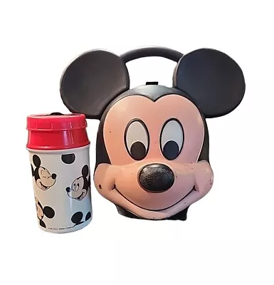 Vintage Disney Mickey Mouse Head Aladdin Kid's Lunch Box Kit With Thermos  • $34.99