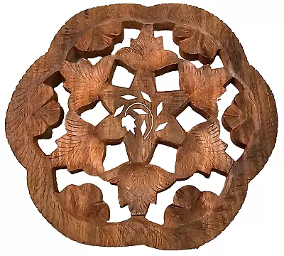 Hand Carved Wood Floral Inlay Leaves Trivet Plant Stand Made In India Vintage 8  • $19.99