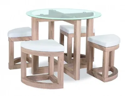 Light Oak & Glass Stowaway Dining Table & 4 Stools Dia90cm H74.5cm QUARREL • £349