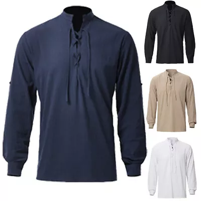 Medieval Henley Mens Shirt Lace-Up V Neck T Shirt Adjustable Sleeve Stand Collar • $20.99