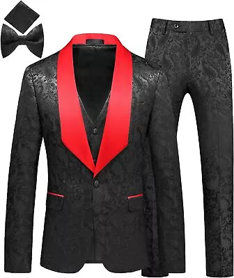 MOGU Mens 3 Piece Tuxedo Slim Fit Jacquard Floral Vintage Groomsmen Wedding Prom • $236.65