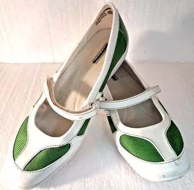 Merona Mellie Women's White Green Hook & Loop Strap Flats Shoes Sz 8 F 20480 • $16.99