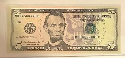 2013 (MD) $5 Five Dollar Bill Federal Reserve Note Cleveland Fancy 5 4s Crisp • $11.95