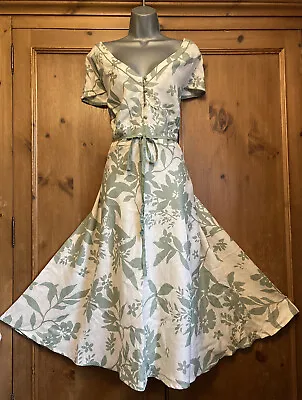 £14.50 • Buy Monsoon Ecru Green Dress 22 Linen Floral Wedding Occasion Tea Party MIDI Summer
