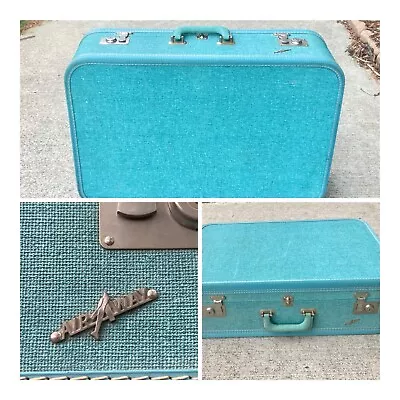Vintage 50s Blue Tweed Suitcase Luggage By Air Way 24” With Key • $30