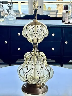 Vintage | Murano Blown Caged Glass Lamp | Venetian Bubble Glass Table Lamp • $93