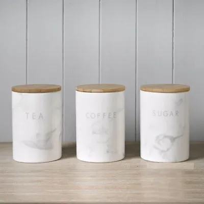 3 White Ceramic Marble Effect Tea Coffee Sugar Storage Jars/Canisters Wood Lids • £21.89