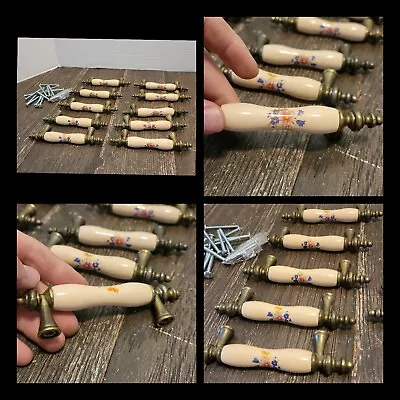 Set Of 10 Vintage Brass & Porcelain Drawer Pulls Handles Floral Motif W Screws • $25