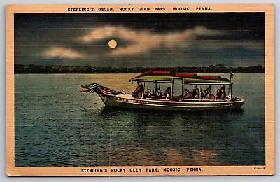 Moosic Pennsylvania~Rocky Glen Park~Boat Sterling Oscar @ Night~Linen Postcard • $13