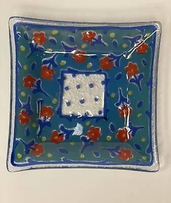 Fused Glass Art Trinket Dish Vintage Nahariya Glass By Andreas Meyer Red Flowers • $12