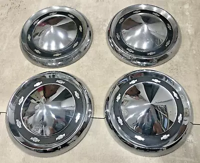 4 Vintage 10  Chevrolet Bow Tie Hub Cap Dog Dish Moon OEM 1950s ? Original USA • $149.99