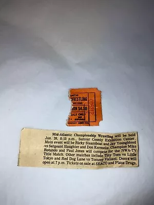 Original 1980's NWA Mid-Atlantic Wrestling Ticket Stub W/ Newspaper Clipping WWE • $29.99