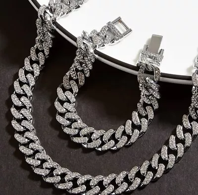 2 Pc Set Cuban Link Chain Silvery Bling Miami Cuban Necklace 18” And Bracelet 8” • $25