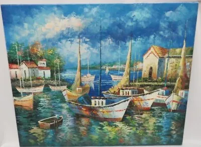 STUNNING Colourful Original Oil On Canvas Boats Harbour Mediterranean Singed  • £50