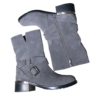 $169 Vince Camuto Wethima Dark Grey Suede Block Heels Mid-Calf Buckle Moto Boots • $34.95