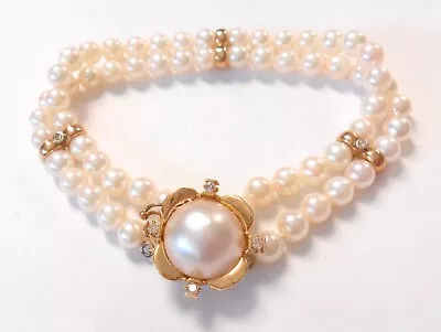 Honora 2 Strand Cultured Pearl & Diamond 14K Gold 13mm Mabe Pearl Clasp Bracelet • $599